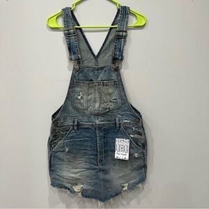 We The Free Washed Blue Distressed Denim Overalls Skirt
